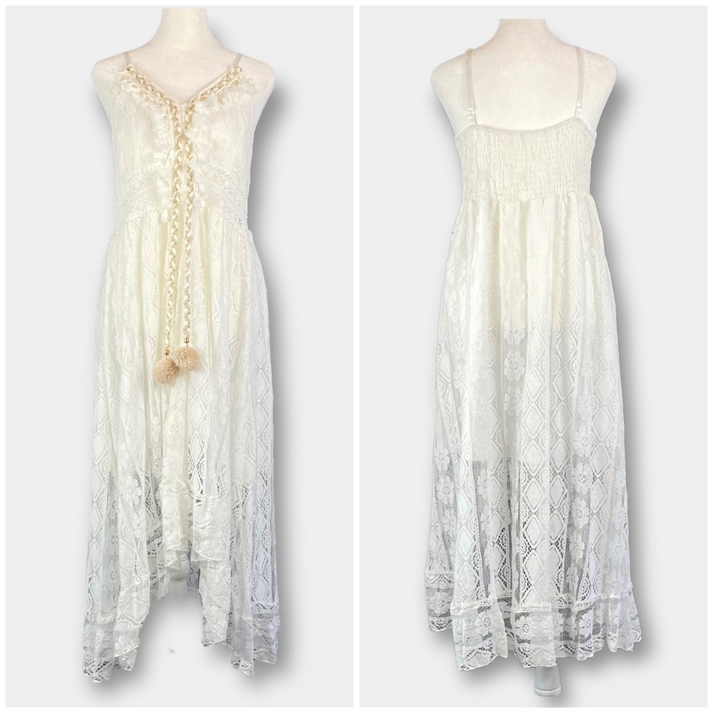 NEW Lace Tassel Pom-Pom High Low Dress White Ivory Size Medium